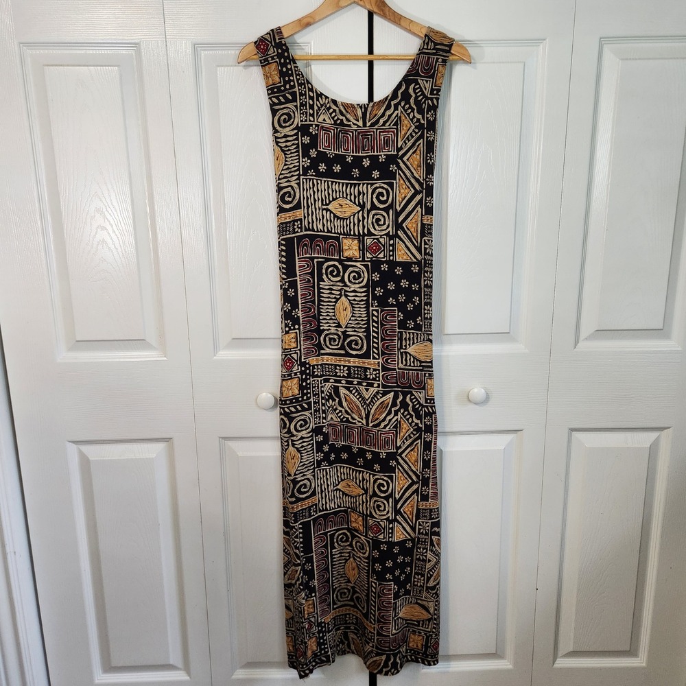 Style Studio Tribal Geometric Print Sleeveless Maxi Dress 1X Boho 90s Black‎